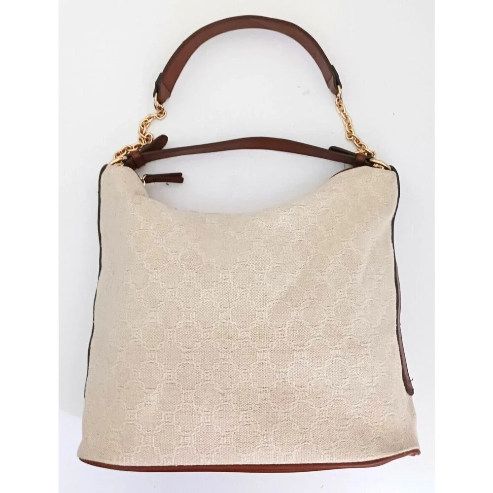 MNG Mango Cream Woven Jacquard Hobo Bag Brown Vegan Leather Double Straps